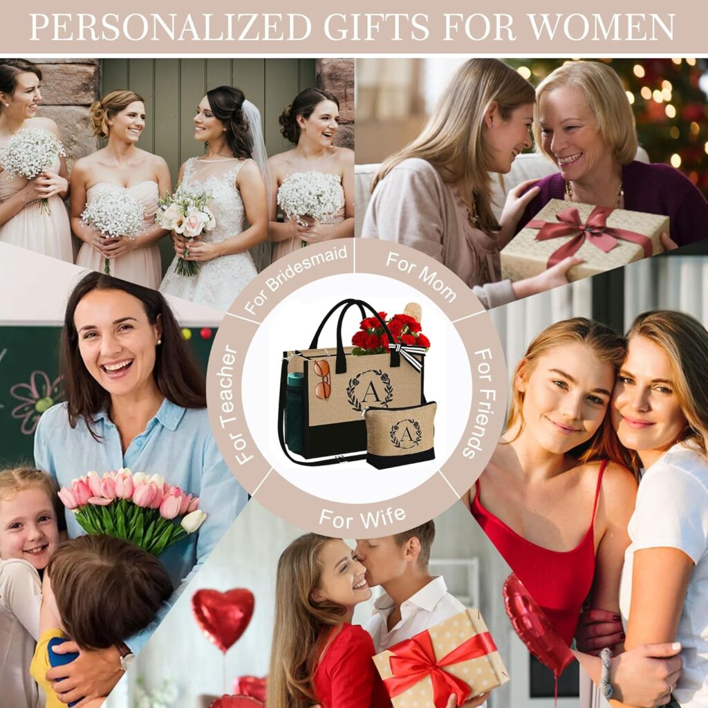Gifts for Women - Initial Jute Tote Bag  Makeup Bag with Zipper Pocket Adjustable Strap Birthday Gifts for Women Her