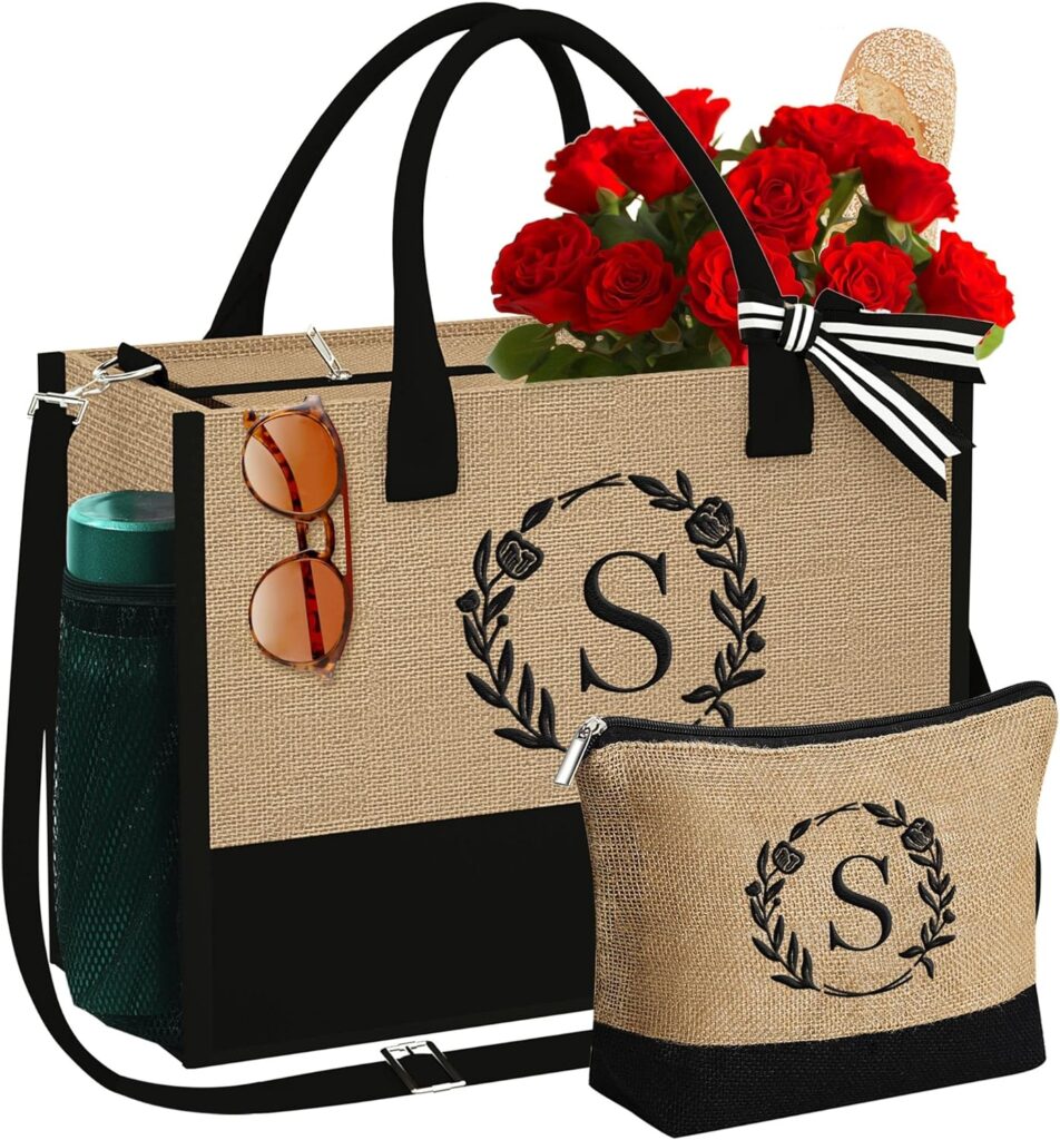 Gifts for Women - Initial Jute Tote Bag  Makeup Bag with Zipper Pocket Adjustable Strap Birthday Gifts for Women Her