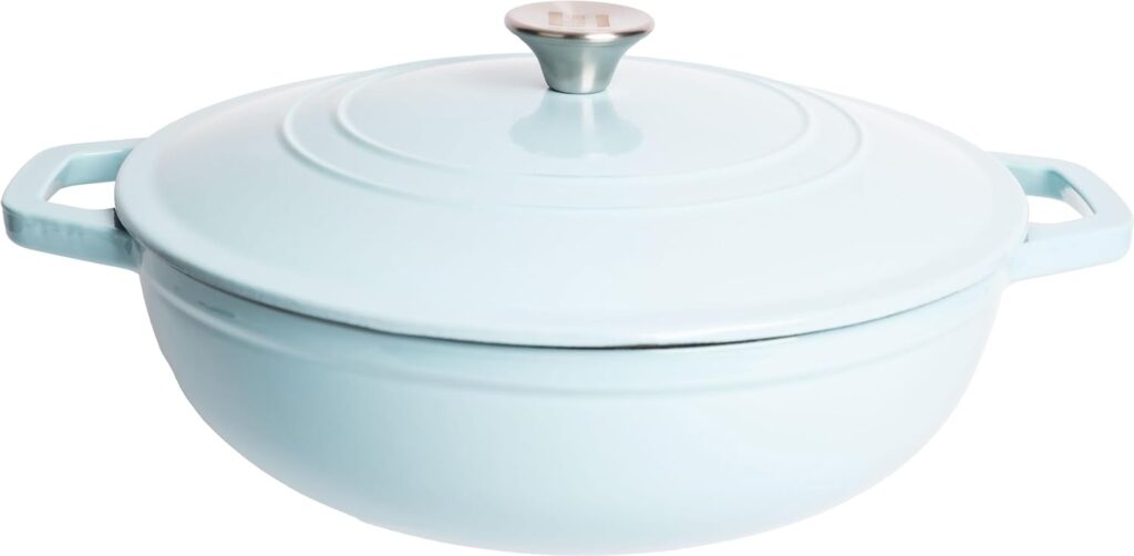 Lexi Home Cast Iron Enameled Dutch Oven Pot with Lid 5 qt, Sauce Pan, Pasta Server, Stove Top Pot, Dish for Sourdough Bread, Slow Cooking Chicken, Soup  More, Kitchen Cookware - Light Blue