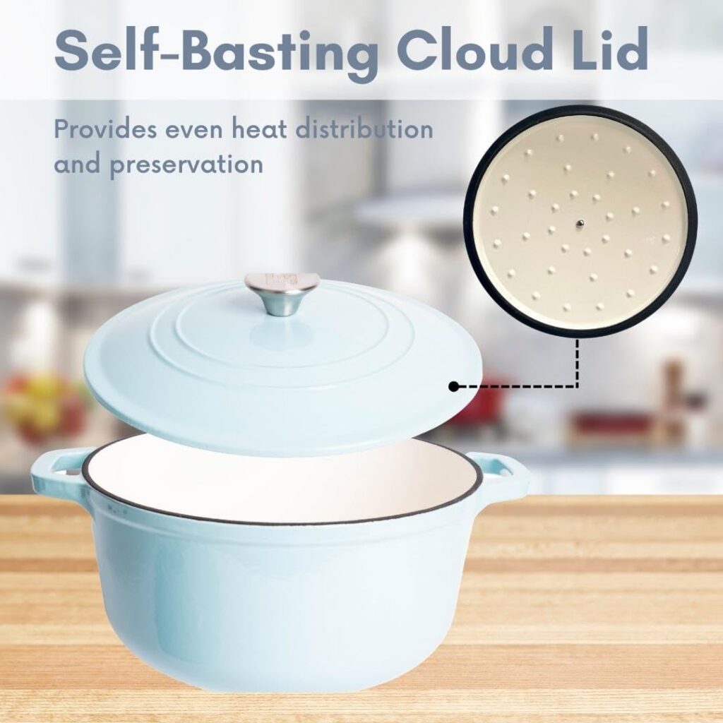Lexi Home Cast Iron Enameled Dutch Oven Pot with Lid 5 qt, Sauce Pan, Pasta Server, Stove Top Pot, Dish for Sourdough Bread, Slow Cooking Chicken, Soup  More, Kitchen Cookware - Light Blue
