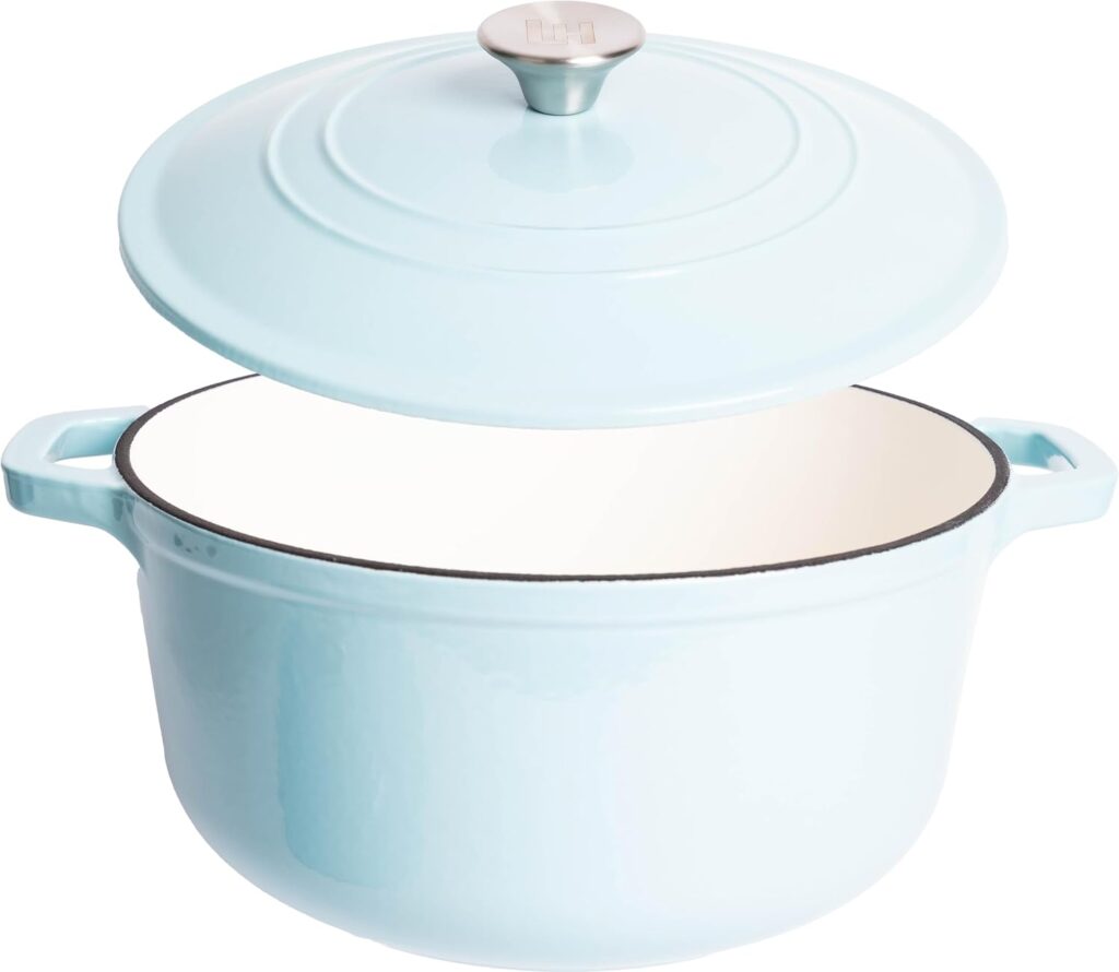 Lexi Home Cast Iron Enameled Dutch Oven Pot with Lid 5 qt, Sauce Pan, Pasta Server, Stove Top Pot, Dish for Sourdough Bread, Slow Cooking Chicken, Soup  More, Kitchen Cookware - Light Blue