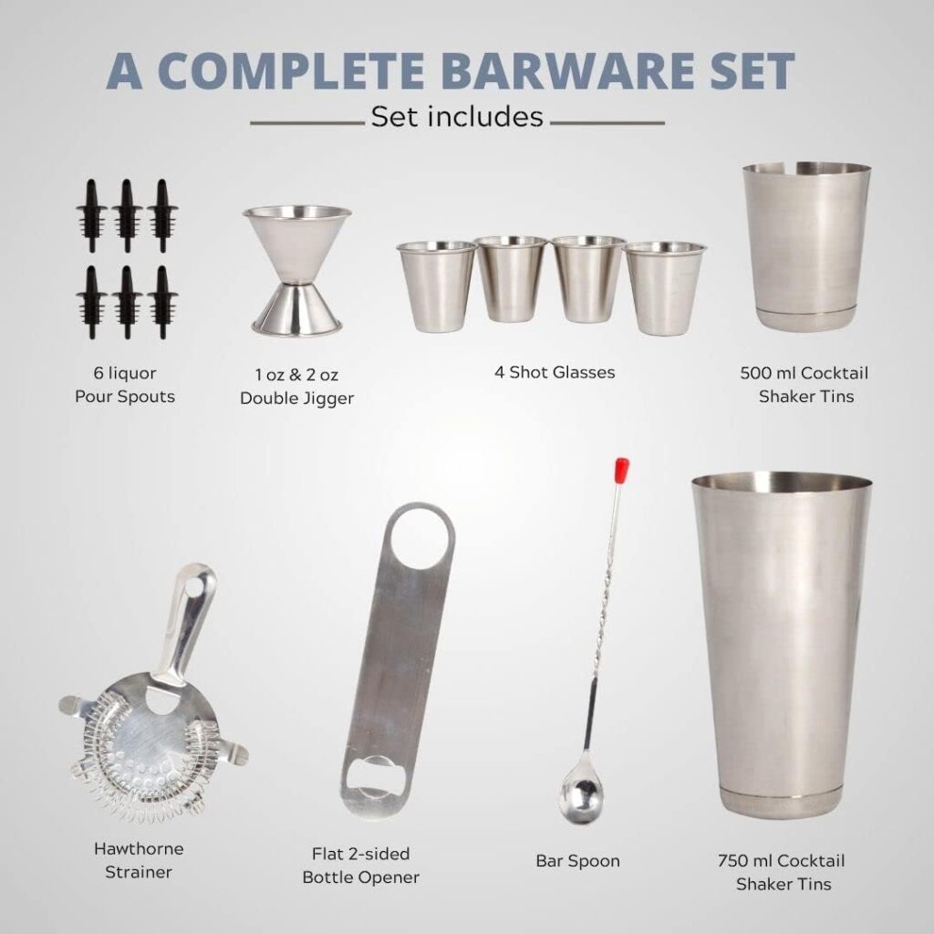 LexiHome 16 Pc Cocktail Making Set, Bartender Kit, Cocktail Shaker Gift Set, Bar Accessories, Drink Tool Kit with Drink Shaker, Hawthorne Strainer, Bar Spoon, Bottle Opener, Tin Shot Glasses,  More