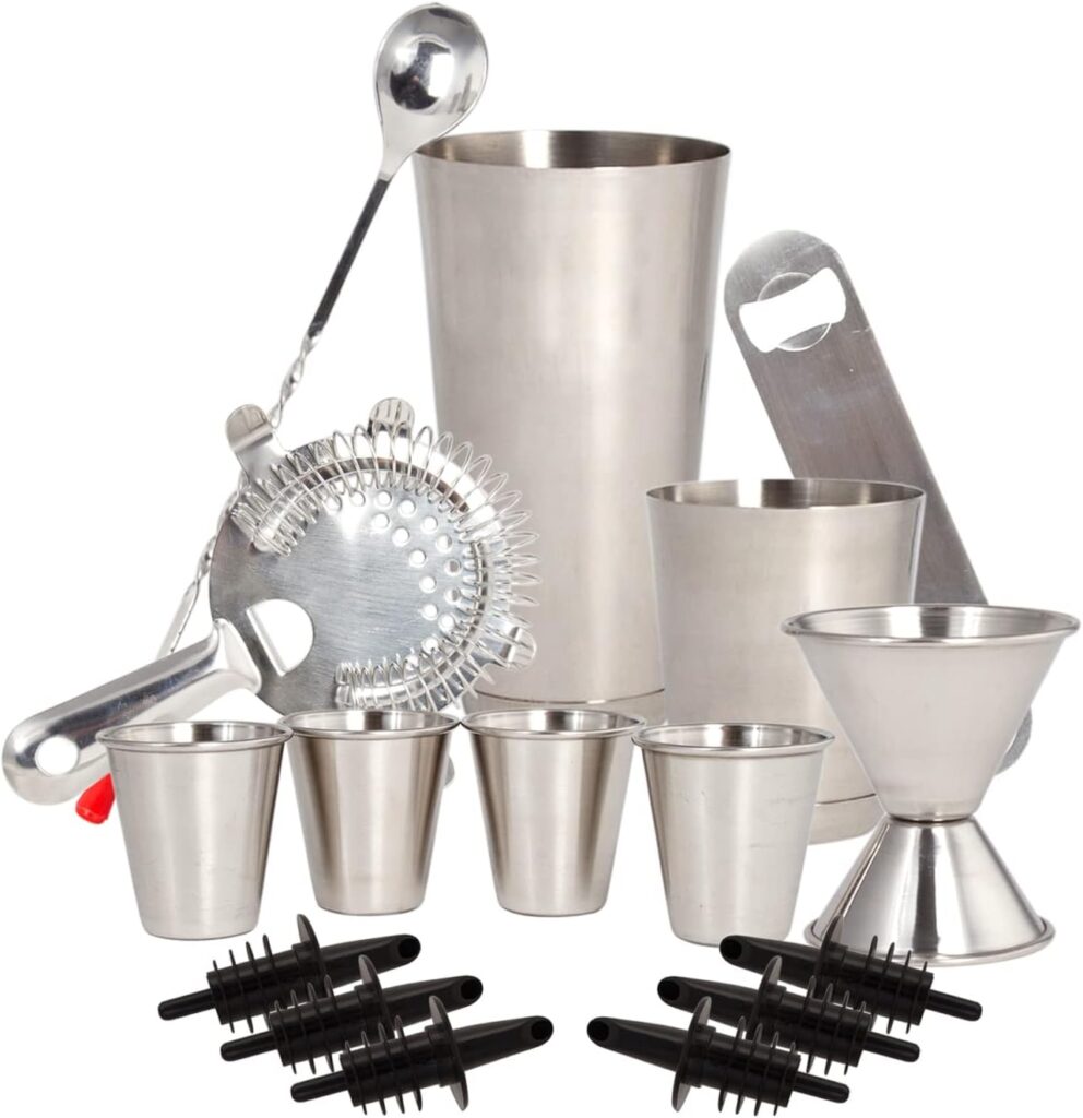 LexiHome 16 Pc Cocktail Making Set, Bartender Kit, Cocktail Shaker Gift Set, Bar Accessories, Drink Tool Kit with Drink Shaker, Hawthorne Strainer, Bar Spoon, Bottle Opener, Tin Shot Glasses,  More
