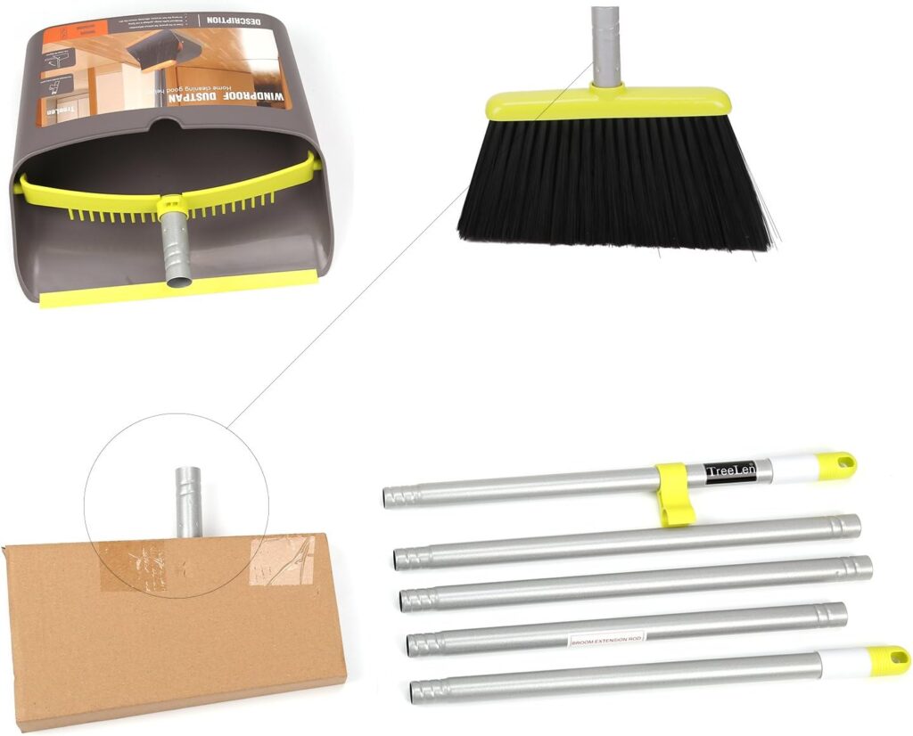 TreeLen Broom and Dustpan Set with 52 Long Handle for Home Kitchen Room Office Lobby Floor Use Upright Stand Up Stand Up Broom with Dustpan Combo